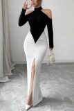 Black White Contrast Halter Wrapped Skirt Dresses