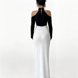 Black White Contrast Halter Wrapped Skirt Dresses
