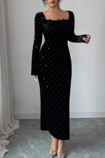 Black Sexy Celebrities Vacation Formal Prom Birthday Solid Color Square Neck Wrapped Skirt Dresses