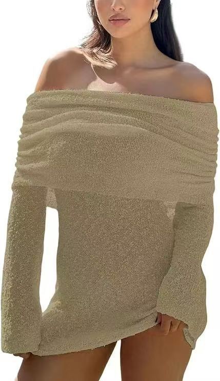 Coffee Off Shoulder Wrapped Skirt Dresses