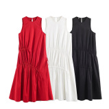 Red Casual Daily Solid Color O Neck A Line Dresses