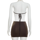 Burgundy Sexy Street Daily Party Bohemian Patchwork Wrapped Skirt Dresses