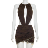 Burgundy Sexy Street Daily Party Bohemian Patchwork Wrapped Skirt Dresses