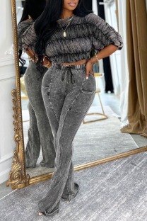 Grey Casual Solid Color Off Shoulder Two Pieces