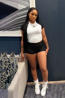 Black Solid Color O Neck Short Sleeve Two Pieces