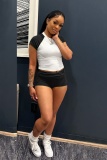 Black Solid Color O Neck Short Sleeve Two Pieces
