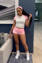 Pink Solid Color O Neck Short Sleeve Two Pieces
