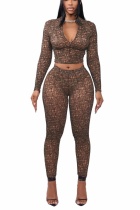 Brown Solid Color Colorblock Zipper Long Sleeve Two Pieces