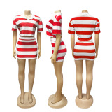 Black Casual Street Sportswear Daily Striped Print Stripe Turndown Collar Short Sleeve Two Pieces