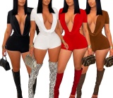Red Sexy Street Solid Color V Neck Rompers