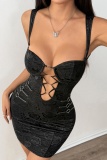 Black Sexy Cutout Hollow Out Spaghetti Strap Wrapped Skirt Dresses