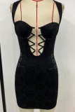Black Sexy Cutout Hollow Out Spaghetti Strap Wrapped Skirt Dresses