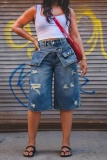Blue Ripped Capris Straight Denim Shorts