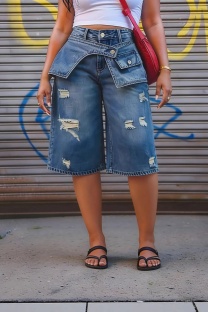 Blue Ripped Capris Straight Denim Shorts
