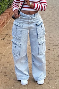 Blue Solid Color Pocket Low Waist Straight Denim Jeans