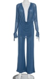 Blue Solid Color V Neck Long Sleeve Two Pieces