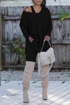 Black Casual Solid Color V Neck Long Sleeve Two Pieces