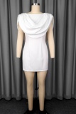 White Solid Color Off Shoulder Wrapped Skirt Dresses