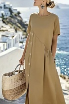 Khaki Casual Solid Color O Neck A Line Dresses