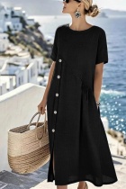 Black Casual Solid Color O Neck A Line Dresses