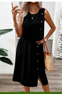 Black Solid Color O Neck Sleeveless Two Pieces