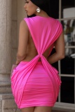 Pink Sexy Solid Color V Neck Wrapped Skirt Dresses