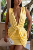 Pink Sexy Solid Color V Neck Wrapped Skirt Dresses