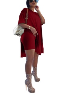 Burgundy Casual Solid Color O Neck Short Sleeve Two Pieces