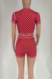 Black Casual Polka Dot O Neck Short Sleeve Two Pieces