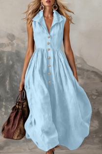 Sky Blue Casual Solid Color V Neck A Line Dresses
