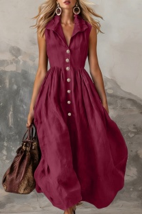 Burgundy Casual Solid Color V Neck A Line Dresses