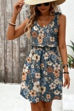 Blue Casual Floral Print V Neck A Line Dresses
