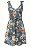Blue Casual Floral Print V Neck A Line Dresses