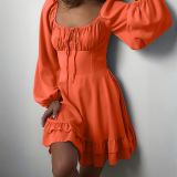 Orange Casual Solid Color Square Neck A Line Dresses