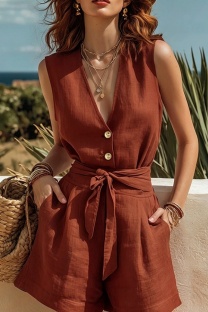 Purplish Red Casual Solid Color V Neck Sleeveless Two Pieces