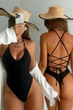 Black Sexy Solid Color Strap Design Swimwears