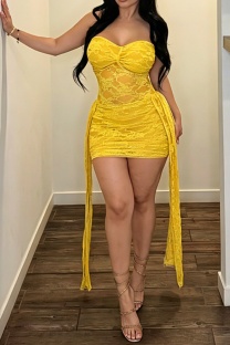 Yellow Sexy Patchwork Lace Strapless Strapless Dresses
