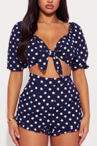Blue Sexy Casual Polka Dot Knotted Flounce Short Sleeve Two Pieces