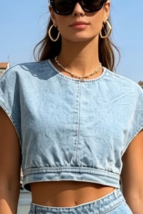 Blue Lace Up O Neck Low Waist T-Shirts