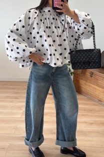 White Casual Y2k Polka Dot Pullovers Tops