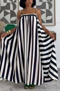 Black Casual Stripe Ruched Spaghetti Strap Sling Dresses