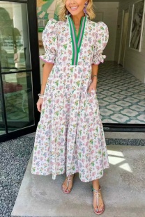 White Casual Bohemian Floral Print V Neck A Line Dresses