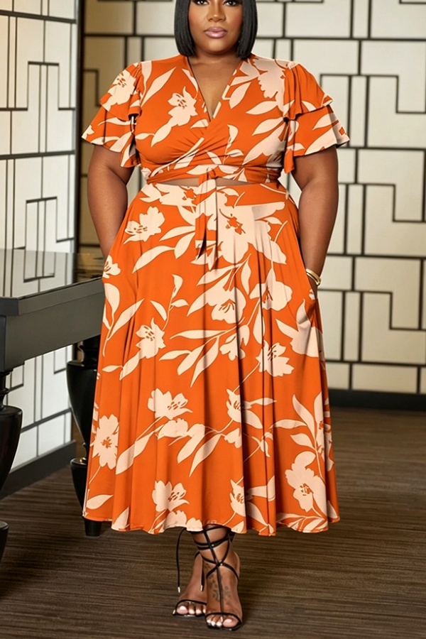 Leaf Print Casual Daily Solid Color V Neck A Line Plus Size Two Pieces