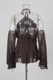 Deep Coffee Sexy Ruffle Halter Tops