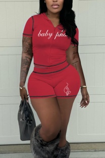 Red Sexy Casual Sportswear Y2k Zipper Cardigan Contrast Zipper Collar Short Sleeve Two Pieces