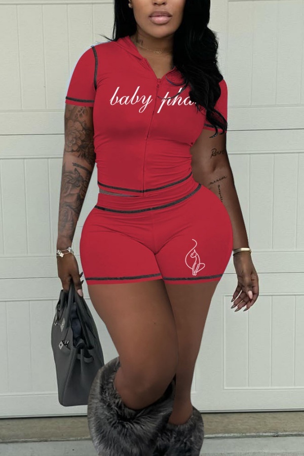 Red Sexy Casual Sportswear Y2k Zipper Cardigan Contrast Zipper Collar Short Sleeve Two Pieces