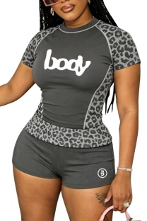 Grey Sexy Street Sportswear Patchwork Leopard Print Patchwork Leopard O Neck Short Sleeve Two Pieces