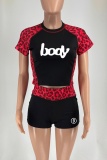 Grey Sexy Street Sportswear Patchwork Leopard Print Patchwork Leopard O Neck Short Sleeve Two Pieces