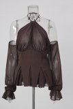 Deep Coffee Sexy Ruffle Halter Tops