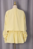 Yellow Sexy Celebrities Solid Color Draw String Lace Up Ruffle O Neck Two Pieces